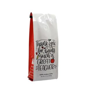 Side View of Bag - Thank You Teachers. Our coffee gift is freshly roasted in small batches.